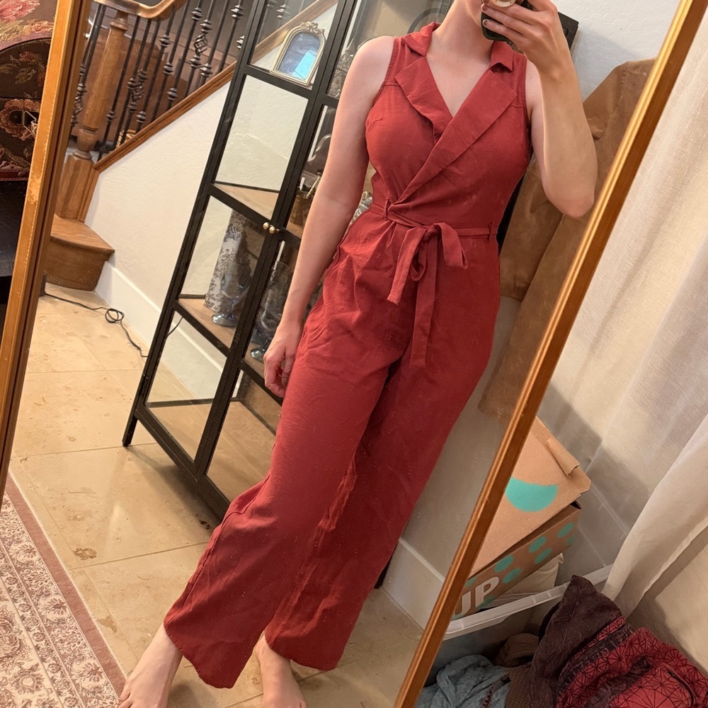 miami Rust Red Sleeveless Wrap Jumpsuit with Tie Waist